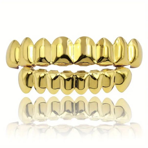 Hip Hop Gold Grillz Set - 8 Teeth Upper & Lower, 18K Electroplated Copper, Stylish Dental Jewelry (Gold, Silver, Gun Black, Rose Gold)_voghion.com