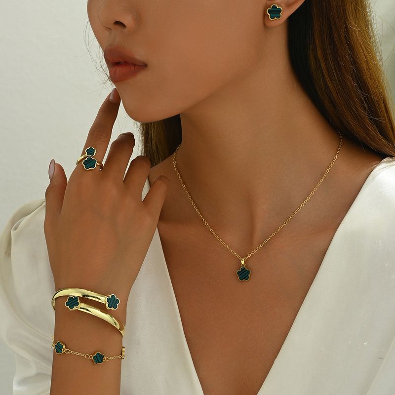 Parure de bijoux trèfle 5 pièces | Collier, boucles d'oreilles et bracelet en forme de goutte d'huile | Motif pétale porte-bonheur pour femme_voghion.com
