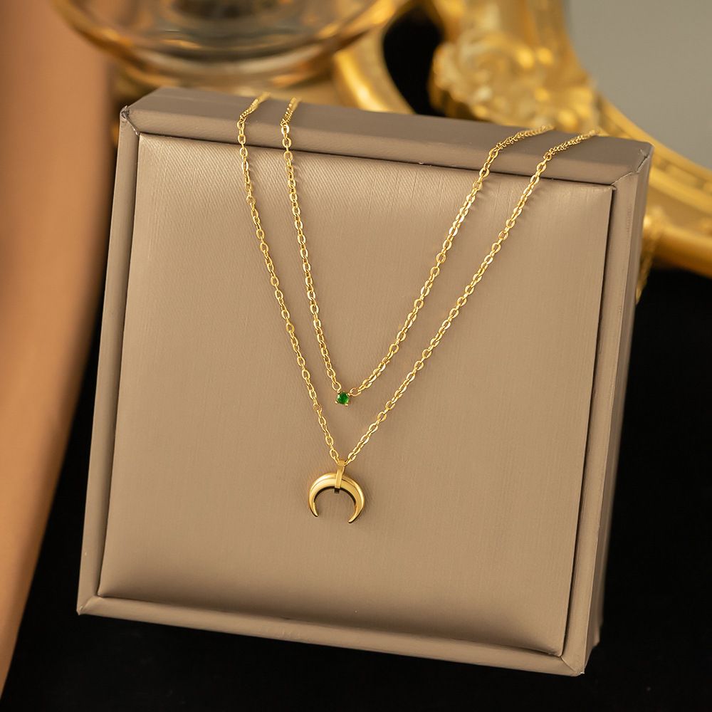 New Product: Green Diamond Bull Horn Inverted Crescent Double Layered Moon Stacking Chain, Titanium Steel Lock Bone Set,_voghion.com