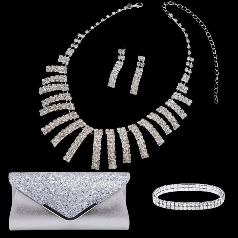 Ensemble de bijoux de mariage pour mariée, 5 pièces/ensemble avec sac, collier plaqué argent avec strass, boucles d'oreilles, bracelet élastique, sac de soirée_voghion.com
