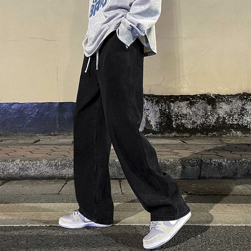 Fashion Men's Solid Color Draping Jeans Loose Straight Korean Vintage High Street Hip-hop Y2K Casual Daily Pull Wide Leg_voghion.com