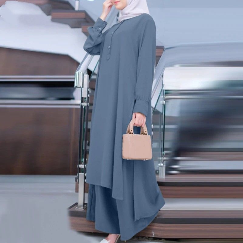 Women's Clothing Modest Muslim Women's Two-Piece Set - Loose Fit Long Sleeve Top & Wide Leg Pants - Solid Color Casual Outfit (Red, Green, Blue)_voghion.com