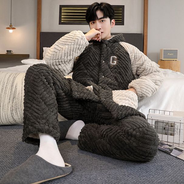 2024 Koreanesch Editioun Nachtkleeder Hären Hierscht a Wanter Kotteng Cardigan mat Kapuzen laanger Ärmel plus 210 Pond Heemkleeder_voghion.com