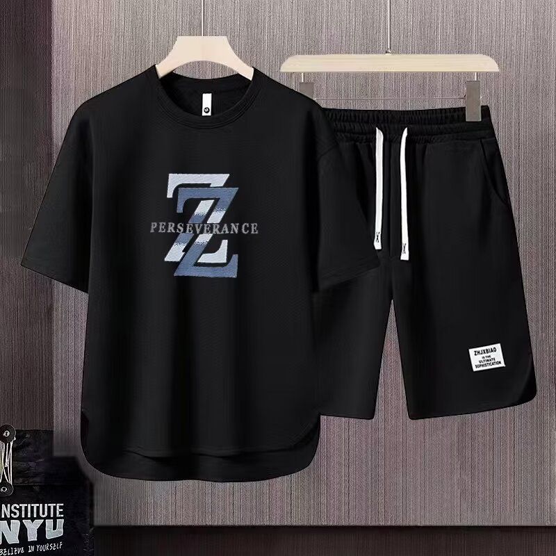 Ανδρικά ρούχα 2024 Waffle casual καλοκαιρινό κοστούμι Ανδρικό φαρδύ εφηβικό μπλουζάκι με κοντομάνικο σορτς Όμορφο κοστούμι δύο τεμαχίων_voghion.com