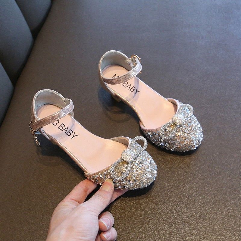 Children's Fashion Rhinestone Sequin Sandals Summer New Girls' Toe Sandals Korean Style Little Girl's High Heel Half Leather Shoes_voghion.com