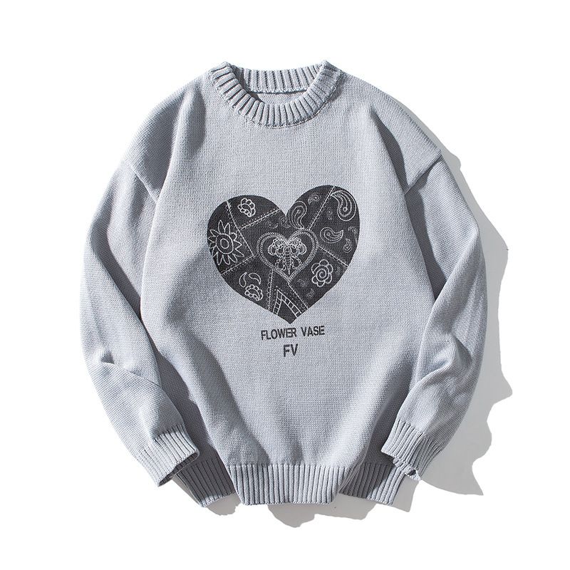 Sweat Hierscht Wanter nei Amican Moudemark häerzfërmegen Drock locker Casual Hären a Fraen Ronn Hals Strick_voghion.com