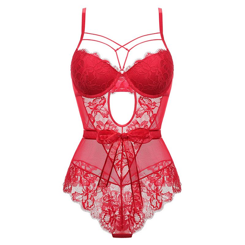 Tuta sexy attillata in pizzo trasparente con fiocco da donna, intimo tentazione_voghion.com