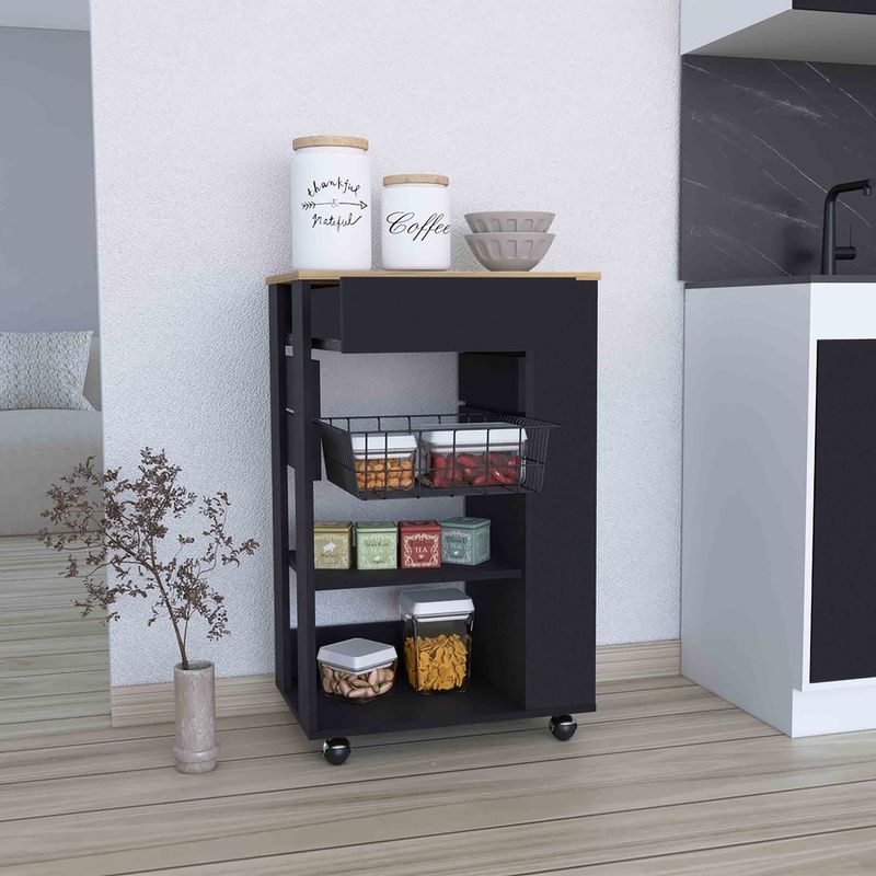 Blosson Kitchen Cart, One Drawer, Two Open Shelves, Four Casters -Black / Light Oak_voghion.com