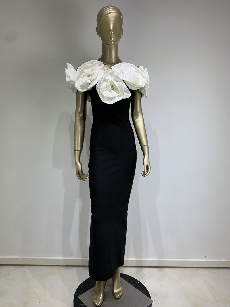 Vêtements pour femmes, robe à bandes, robe longue blanche à grandes fleurs_voghion.com