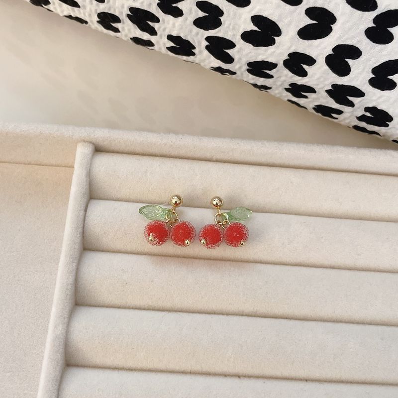 Orecchini francesi freschi in stile coreano con perline di zucchero in argento e design a ciliegia, per donna_voghion.com
