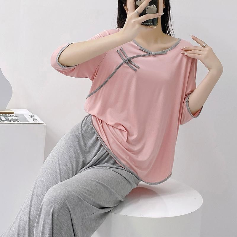 Pigiama da donna estivo, stile nazionale, sottile, semplice, con maniche a cinque quarti, vestibilità comoda, taglie forti, per donne grasse, 2-150 kg_voghion.com