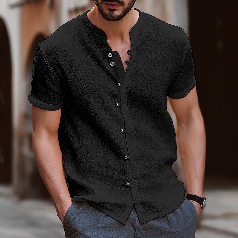 Men's Retro Linen Short-Sleeve Shirt - Loose Fit Casual Breathable Shirt For Spring Summer (Beige/Khaki/Blue)​_voghion.com