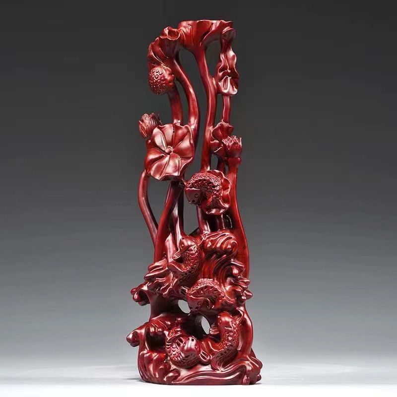 Rosewood Yearly Fish Ornament Lotus Root Carving Large Home Living Room Floor Decoration Red Wood Craft_voghion.com