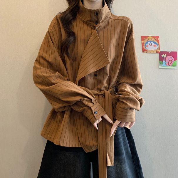 Unregelmäßiges langärmliges gestreiftes Rollkragenhemd für Damen, Herbst und Winter, Übergröße, zum Abnehmen_voghion.com