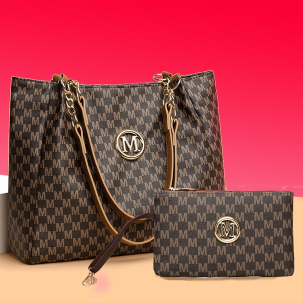 Elegante set di borsa tote e pochette con stampa M e tracolla a catena - Versatile borsa a mano in PU per donna (nero/marrone/bianco)_voghion.com