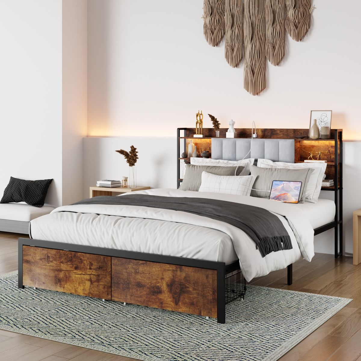 Queen Size Bed Frame With 2 Storage Drawers And LED Lights Headboard, Upholstered King Bed Frame With Charging Station, No Box Spring Needed, Easy Assembly_voghion.com