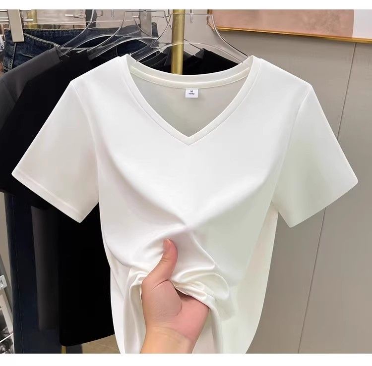 Maglietta estiva da donna in Tencel di alta qualità, con scollo a V e maniche corte, design ampio, base bianca_voghion.com