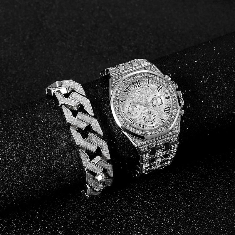 Men's Watches 2pcs/set Simple Business Men's Octagonal Three Eye Large Dial Inlaid Diamond Quartz Watch Bracelet Set Men's Watch_voghion.com