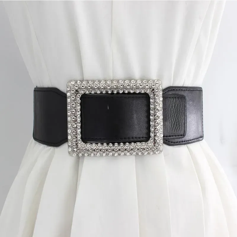Belts Fashion Elastic Leather Wide Belt For Women Square Rhinestone Buckle Waist Strap Corset Girdle Female Waistband_voghion.com