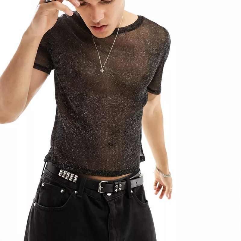 Herrenbekleidung Auf Lager! Bestsellers Neues Gold Sparkle Niche Rage Western Style Durchsichtiges Mesh-Kurzarm-T-Shirt für Jungen_voghion.com