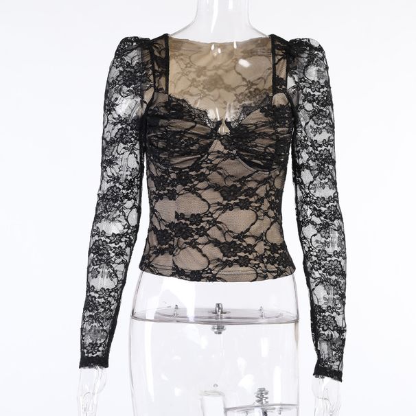 Women's breast cup lace long sleeve top fashionable sexy black Fanny pack body V-neck T-shirt_voghion.com