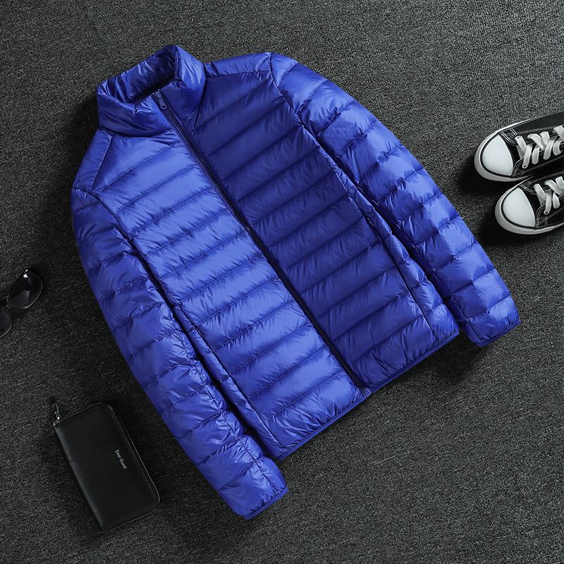 Wanterkleedung ultra Liicht laang Ärmelt Männer kuerz Kotteng Mantel Stand-up Collar ultra dënn grouss Gréisst Jackett plus Gréisst a Liicht_voghion.com