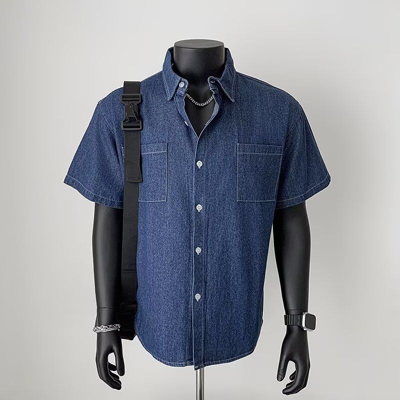 Men's Clothing Retro Distressed Double Pocket Workwear Short Sleeved Denim Shirt Trendy Loose Thin Non Iron Shirt_voghion.com