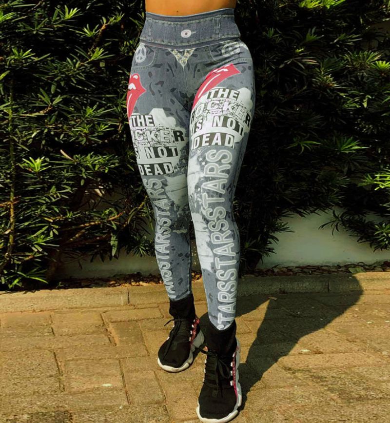 Dames grote tong letter bedrukte yogabroek hoge taille imitatie denim fitnessbroek sportyoga_voghion.com