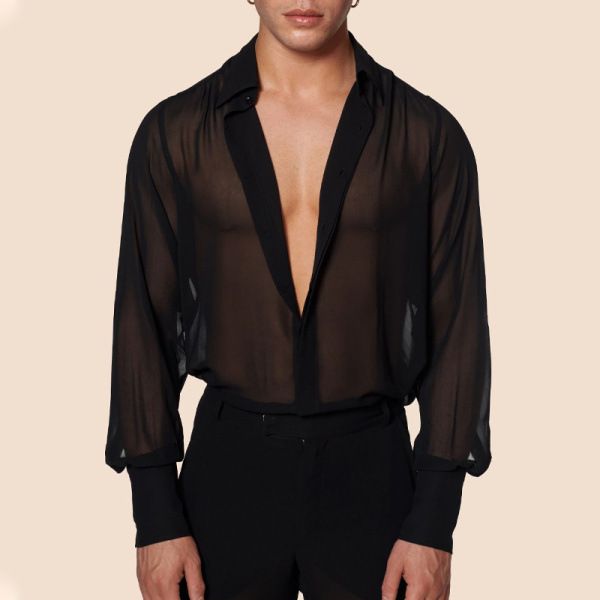 Herrenbekleidung Auf Lager Sommer schwarz dünn durchsichtig Herrenhemd Größe atmungsaktiv lässig Top Nacht Performance Anzug Männer_voghion.com