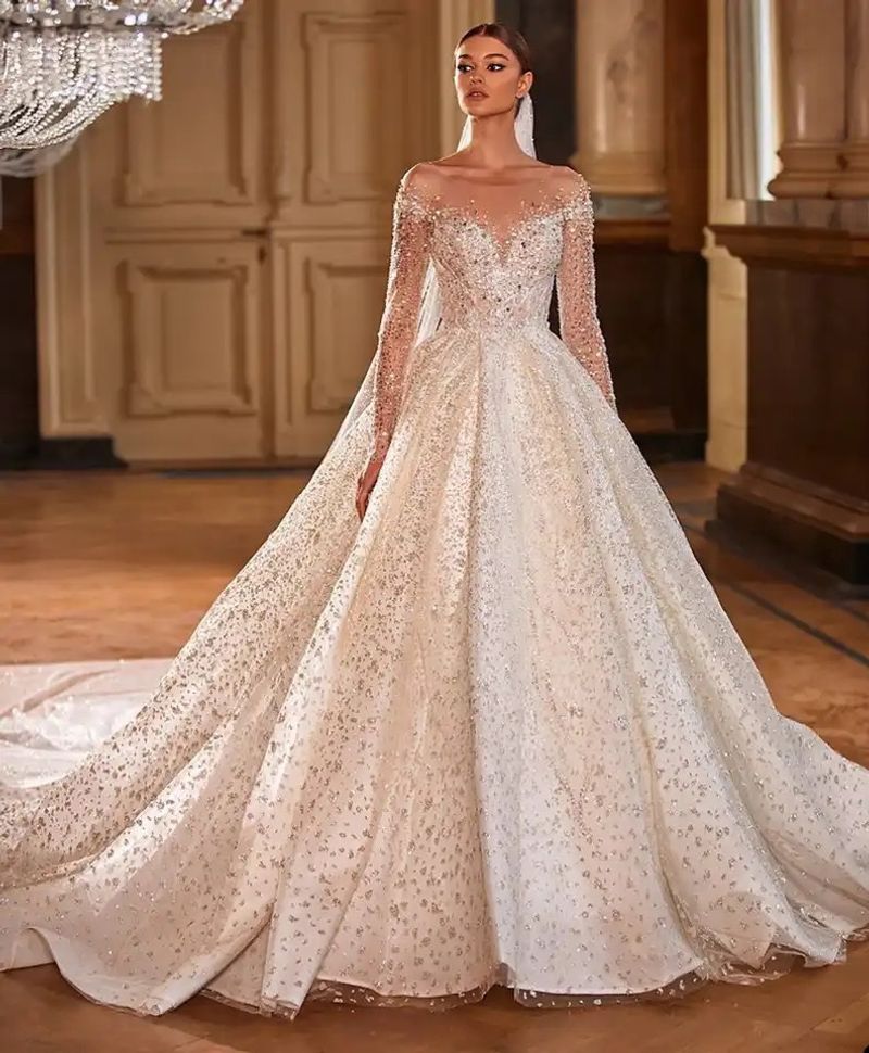 Elegant Long Sleeve Slim Fit Wedding Dress With Beaded Details And Flowing Train, Handmade Bridal Gown For Formal Ceremonies_voghion.com