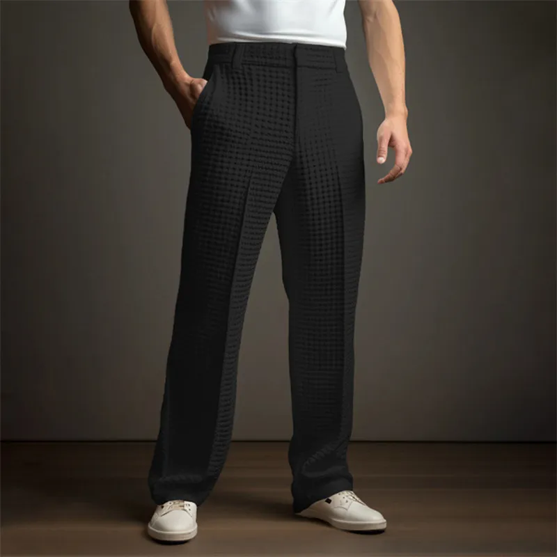 Men's Clothing Men's Formal Business Solid Color Waffle Front Pocket Straight Casual Vacation Fashion Trousers_voghion.com