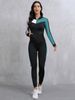 Women'S 2pcs Color Block Athletic Set - High Stretch Fabric, Hooded & Leggings, Black/White/Teal Patchwork, All-Season_voghion.com