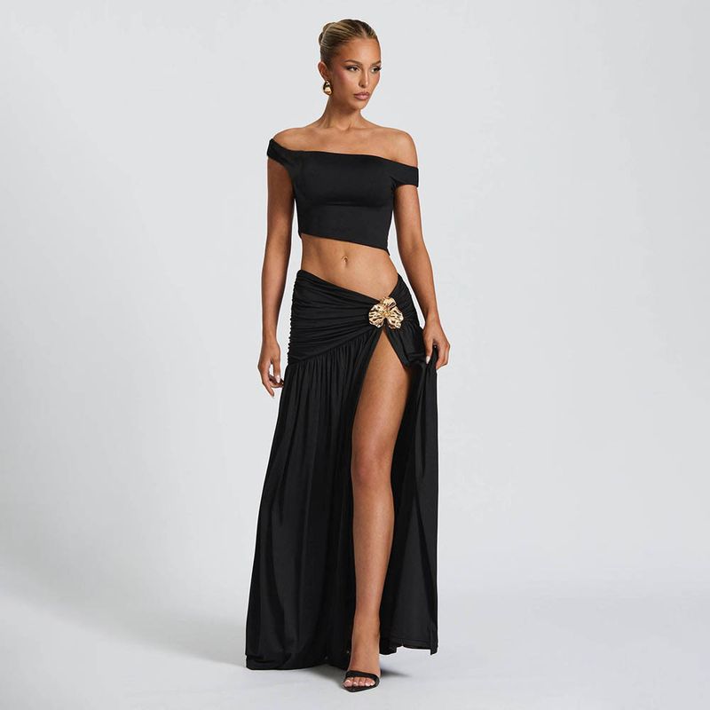 Damenbekleidung Anzüge Sexy Tube Top Weste Einfarbig Schlitz Langer Rock Zweiteiliger Anzug_voghion.com
