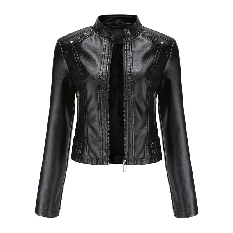 Veste en cuir cloutée pour femme, manteau à manches longues, col montant, veste à la mode_voghion.com