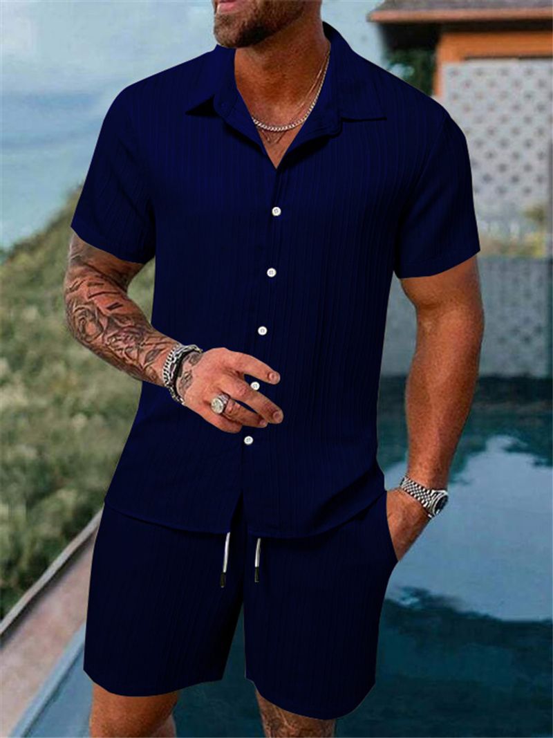 Man's Clothing 2024 New Men's Striped Lapel Shirt Shorts Trend Casual Sportswear Suit_voghion.com
