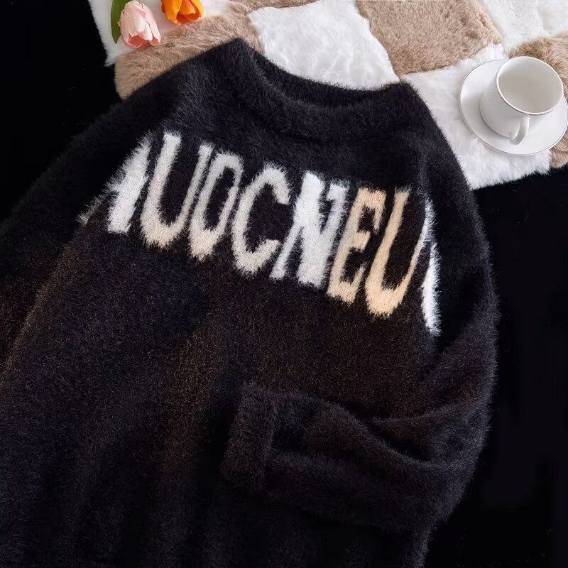 Retro niche nercbőr veet jacquard férfi és női hosszú ujjú Haruku stílusú BF bő páros kötött pulóver kerek nyakkal_voghion.com