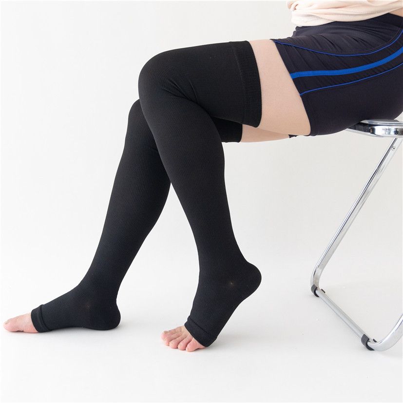 Calze lunghe sopra il ginocchio taglie forti per uomo e donna, calze a compressione in nylon a punta aperta per tutte le stagioni, anti-varici_voghion.com