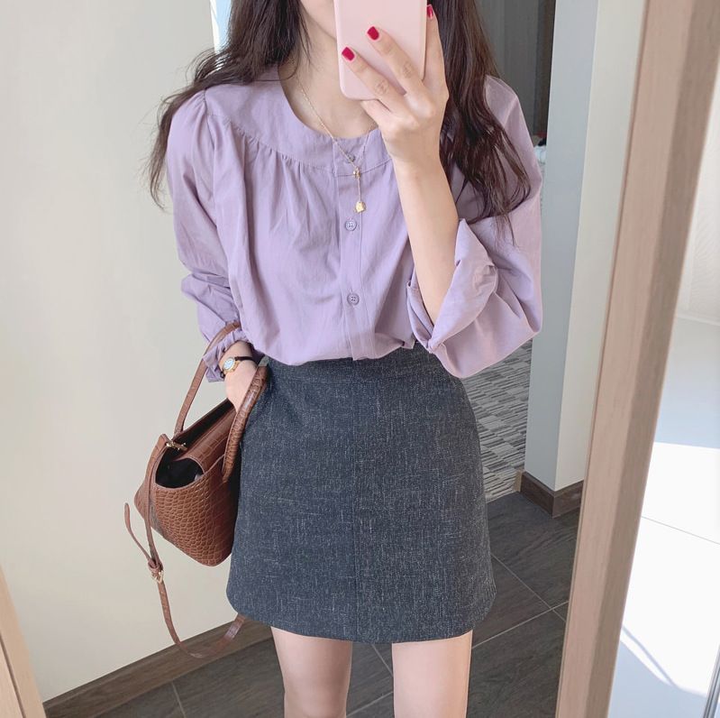 2024 Primavera e Autunno Nuovo Stile Coreano Chiic Delicato Temperat Girocollo Monopetto Taro Viola Top Camicia per_voghion.com