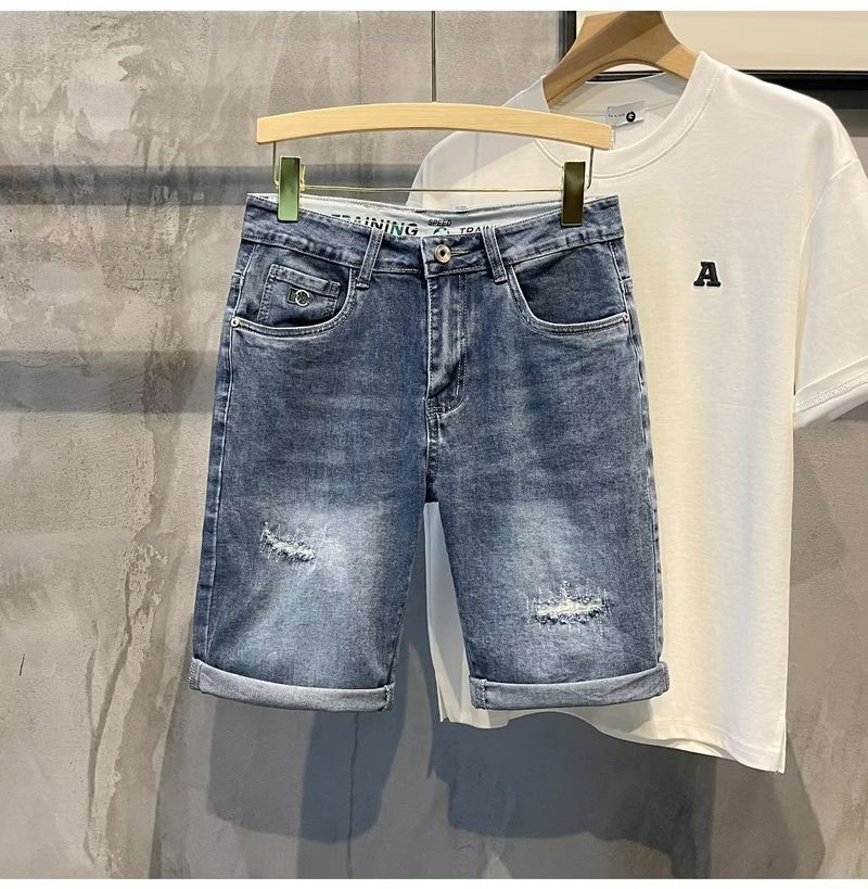Summer distressed denim light color, luxurious trendy brand patchwork shorts men, loose and elastic capris for men_voghion.com