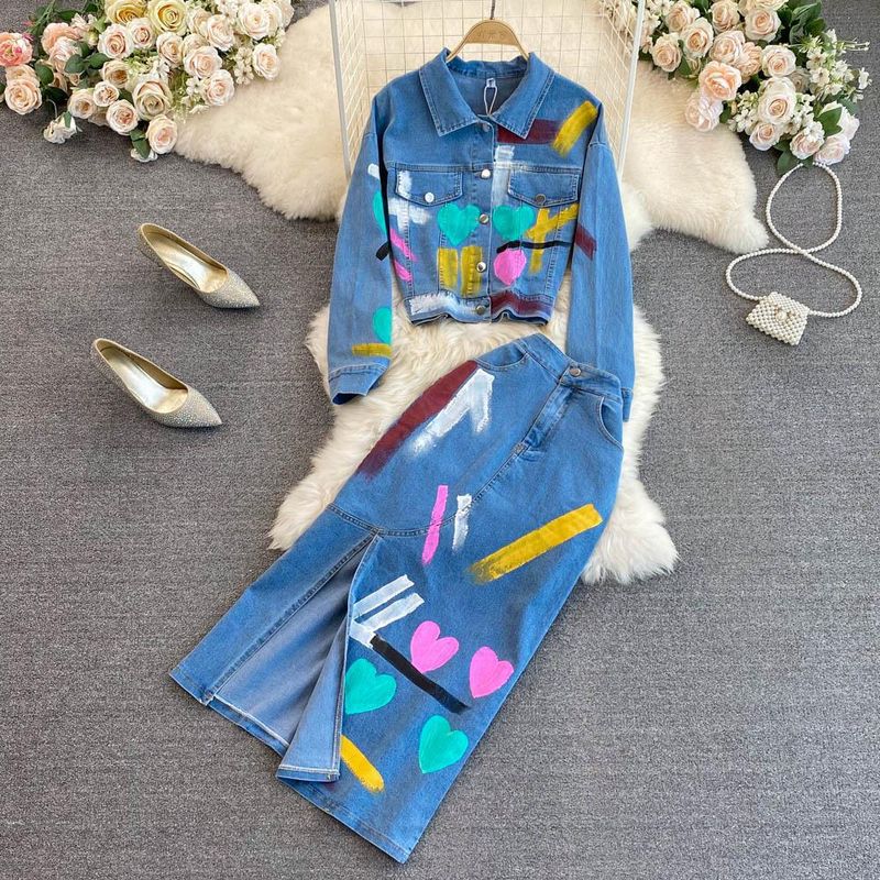 Women's graffiti denim jacket two-piece suit high waist a-line split skirt autumn_voghion.com