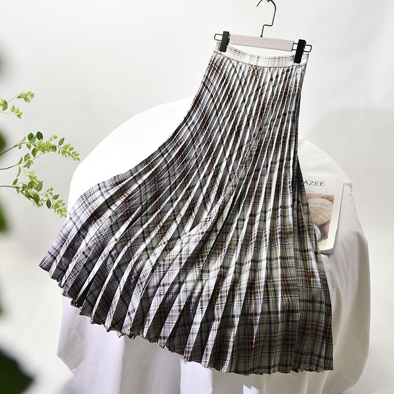 Women's Clothing Chic temperament slim plus size pleated skirt autumn and winter new high waist A line skirt women's medium and long_voghion.com