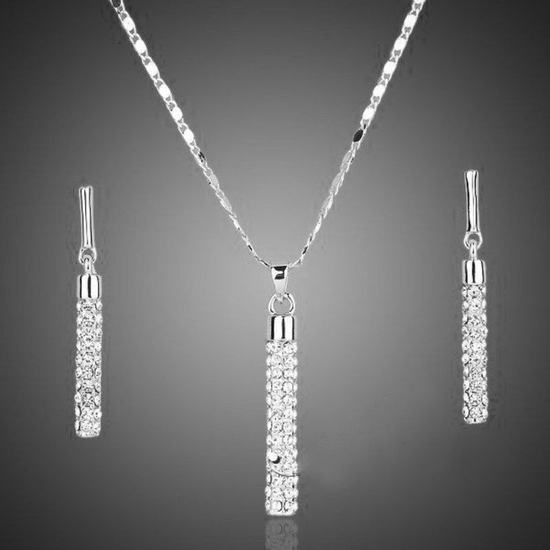 Fashion And Creative Diamond Inlaid Cylindrical Rod Earrings Necklace Set Accessories_voghion.com
