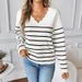 "Women's V-Neck Striped Knit Sweater – Oversized Long Sleeve Casual Pullover (S-L, White)"_voghion.com