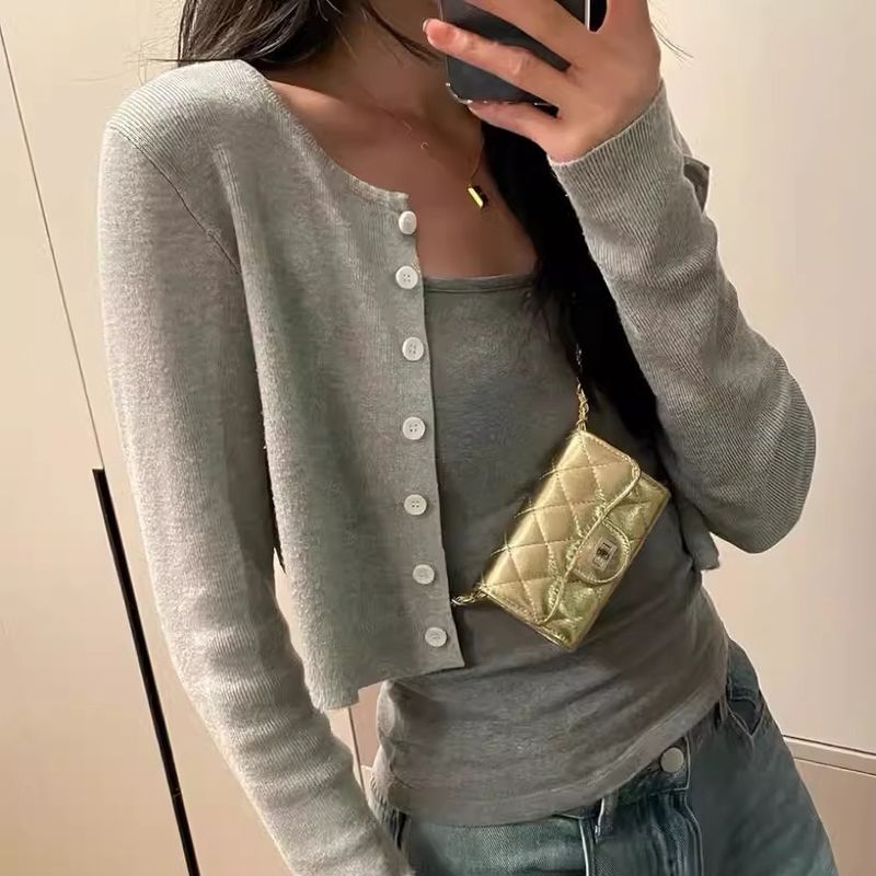 Silberne kleine Brieftasche Kartenhalter Münzgeldbörse Mini neue Taille Damen Kette Umhängetasche_voghion.com