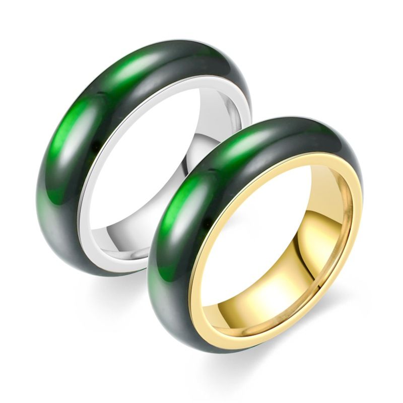 Bague en acier titane et calcédoine vert foncé, design en jade, bijoux pour couple avec goutte d'huile_voghion.com