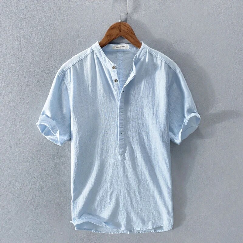 Camicie moda casual estive in lino a maniche corte con colletto alla coreana per uomo, camicia solida e comoda chemise da uomo_voghion.com