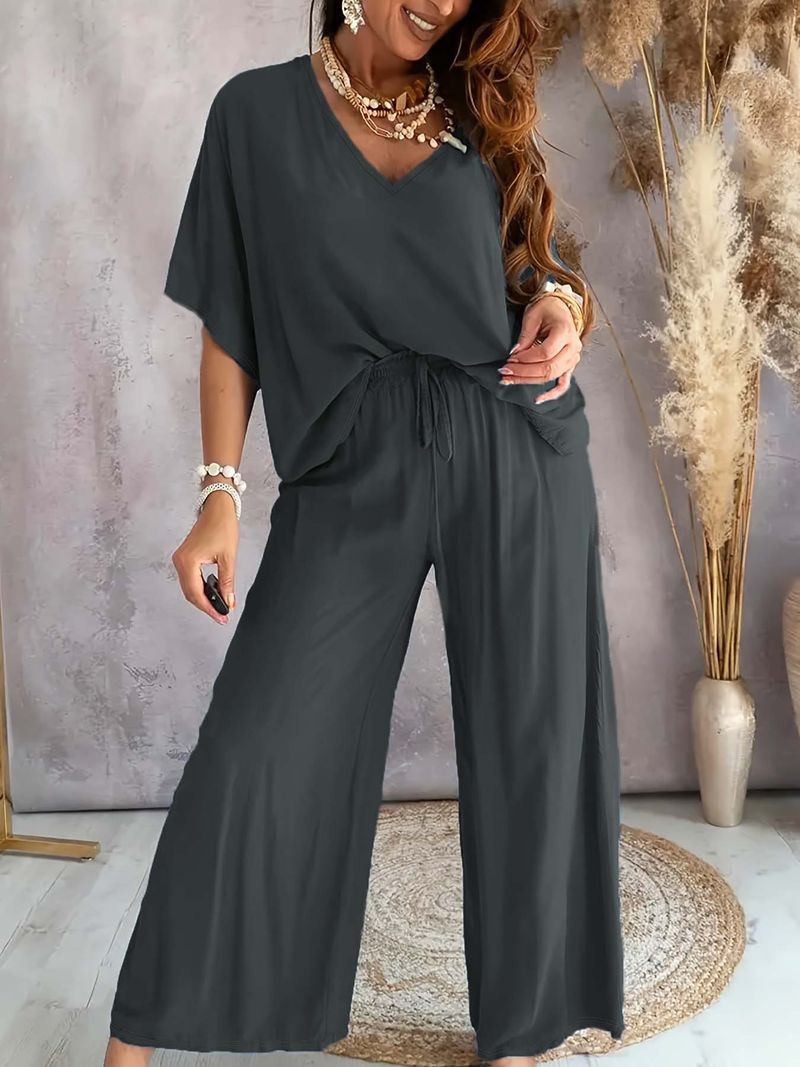 Pantaloni larghi e larghi con scollo a V e maniche a pipistrello alla moda per donna - Completo casual comodo ed elegante_voghion.com