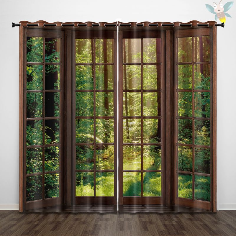 2pcs Imitation Wooden Window Outdoor Forest Pattern Printed Curtains, Suitable For Living Room, Bedroom, Office, Sliding Window_voghion.com