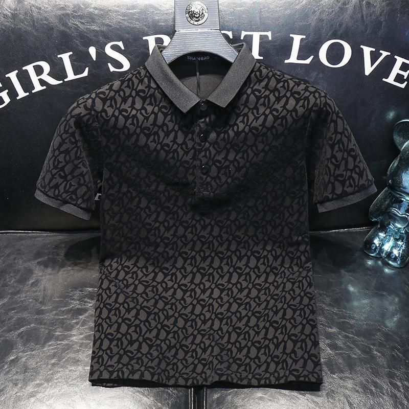 Men's Clothing High End Lapel Short Sleeved Polo Shirt Summer Flocking Printing Slim Business Short Sleeved T Shirt_voghion.com