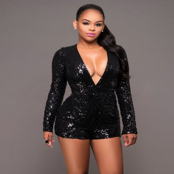 Dammekleeder Pailletten-Zweideeler-Shorts Déif V-Ausschnëtt Récklos Laangärm Reißverschluss Temperament Sexy Jumpsuit_voghion.com